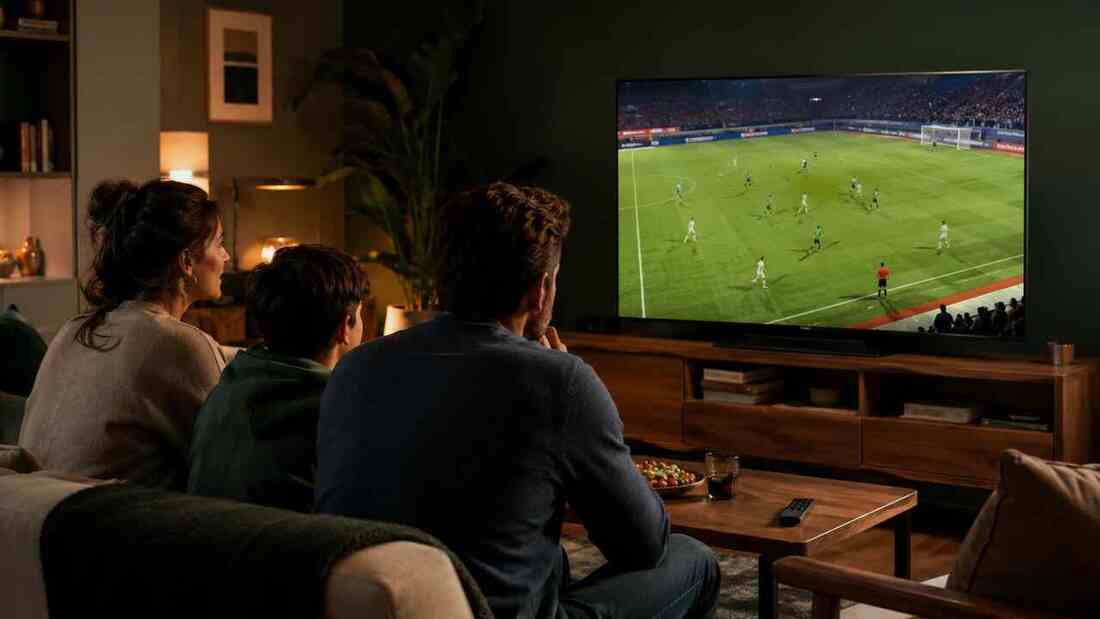 Family watching a live football match together on television at home